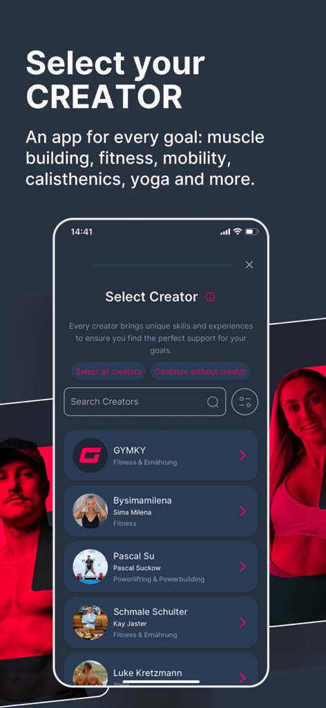 GYMKY - Fitness & AI Nutrition - Smartphone screen showing a list of fitness influencers and creators to choose from in the GYMKY app