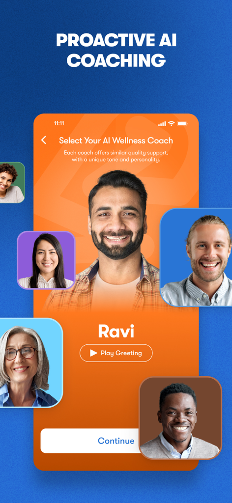 Selection screen for proactive AI wellness coaches in the Fortify app featuring diverse profiles