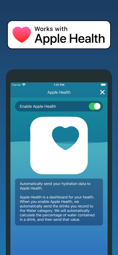 Hydro Coach app screen showing the toggle to enable Apple Health integration for hydration data syncing
