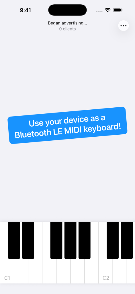 BluePiano LE - Interfaz de la aplicación BluePiano LE con un teclado de piano virtual y un banner azul que describe su funcionalidad MIDI Bluetooth.