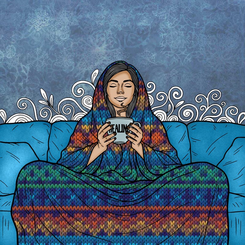 realistic woman holding a cup of warm tea that says healing. she holding her cup while sitting on her couch wrapped around a blanket and meditating her mind.