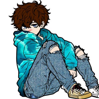 a male hoddie ripped jeans messy hair anime