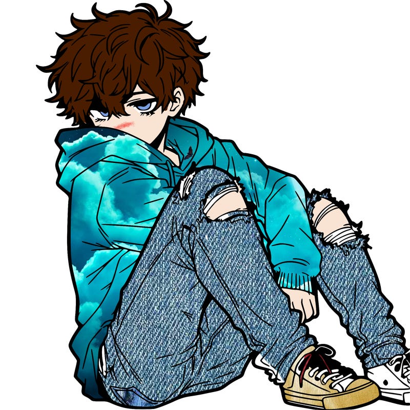 a male hoddie ripped jeans messy hair anime