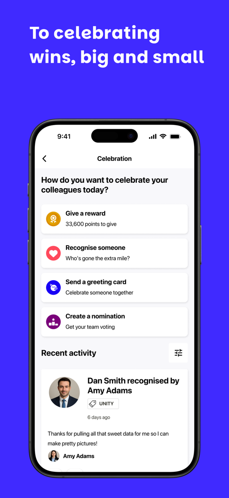 Perkbox app interface showing options to give rewards recognize colleagues and send greeting cards