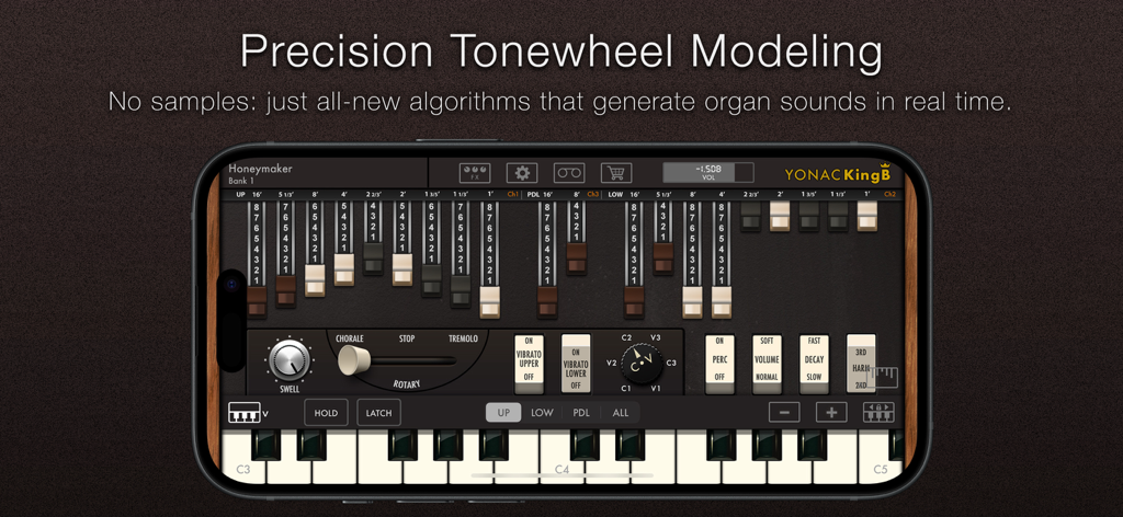 KingB Organ - KingB Organ mobile app interface showing virtual tonewheels and drawbar controls