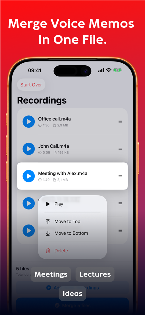 Merge Voice Memos : MemoMerger - App interface showing a list of voice recordings and options to reorganize them for merging