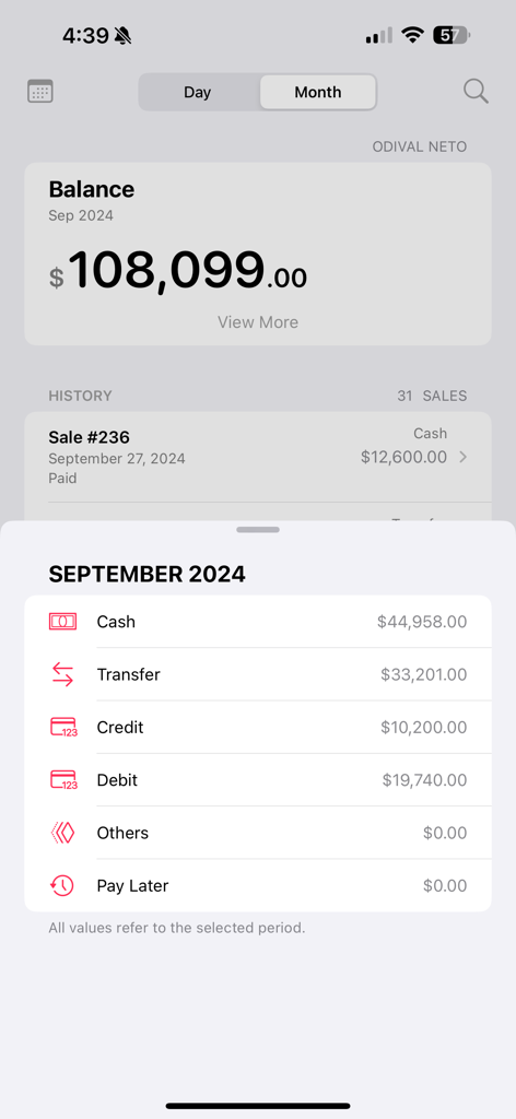 My Stock - Inventory & Sales - Monthly balance summary and payment method breakdown on the My Stock inventory and sales app dashboard