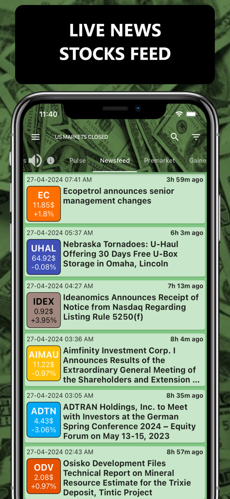 Realtime Stock Screener app newsfeed displaying live market news and stock price updates