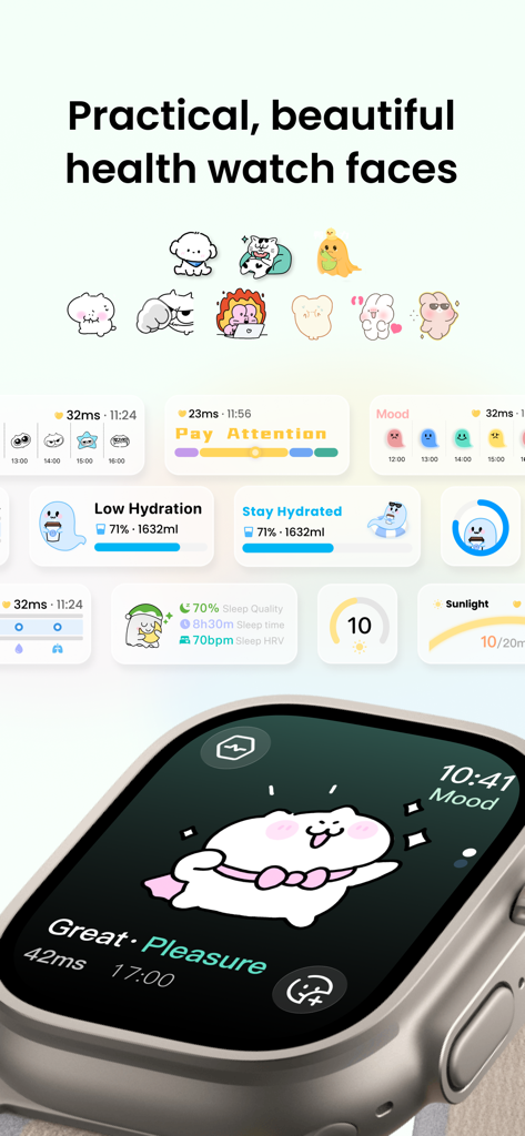 MoodyWatch-Track Stress Levels - A collection of aesthetic Apple Watch faces and health complications for the MoodyWatch app featuring cute cartoon characters for stress, hydration, and sleep tracking.