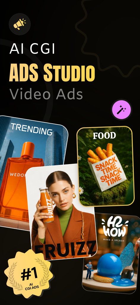 AI CGI Ads Studio: Video Ads - Interface of AI CGI Ads Studio app showing professional 3D video ad templates for food, fashion, and electronics.