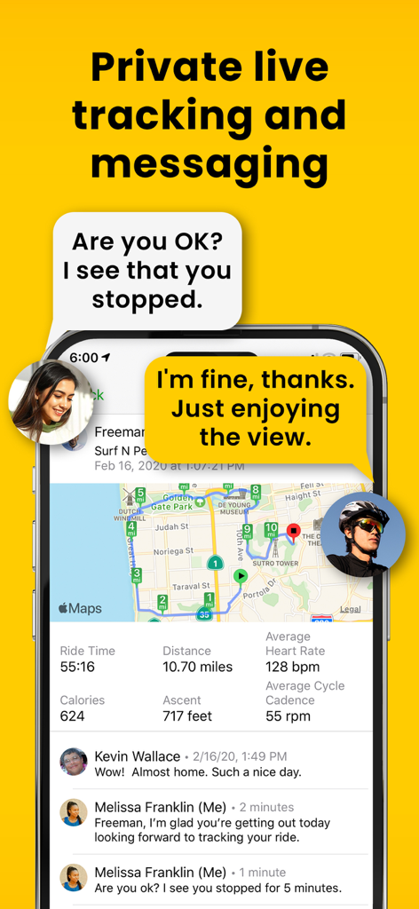 Cyclemeter Cycling GPS Tracker - Interface do aplicativo Cyclemeter mostrando rastreamento ao vivo privado, mensagens e métricas de ciclismo em tempo real