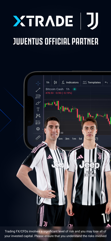 Xtrade Online-Handels-App-Oberfläche mit Juventus-Fußballspielern und einem Bitcoin-Cash-Chart.