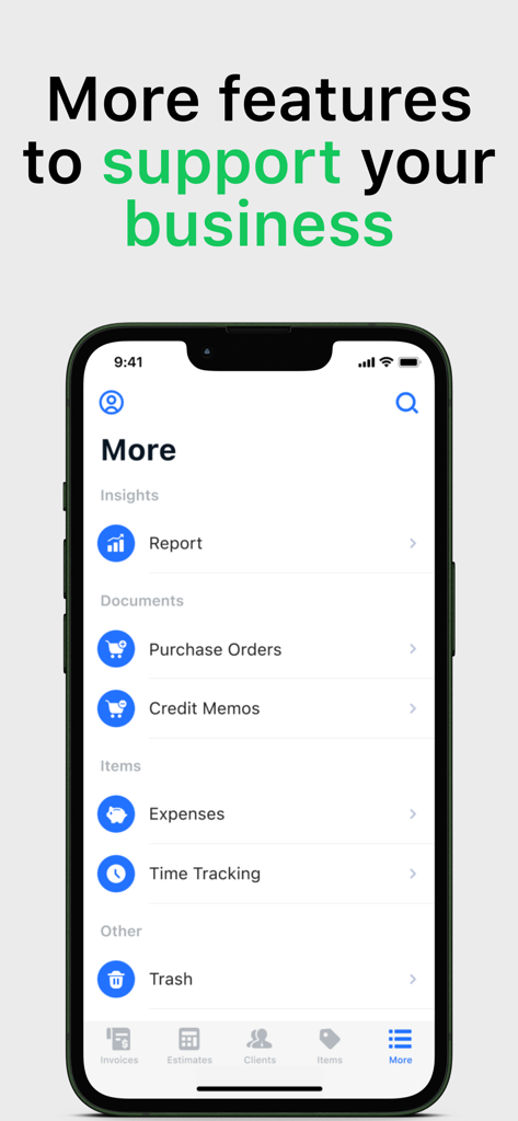 Invoice App: Estimate Maker - A smartphone showing the Invoice App menu with features for business reports, purchase orders, expenses, and time tracking.