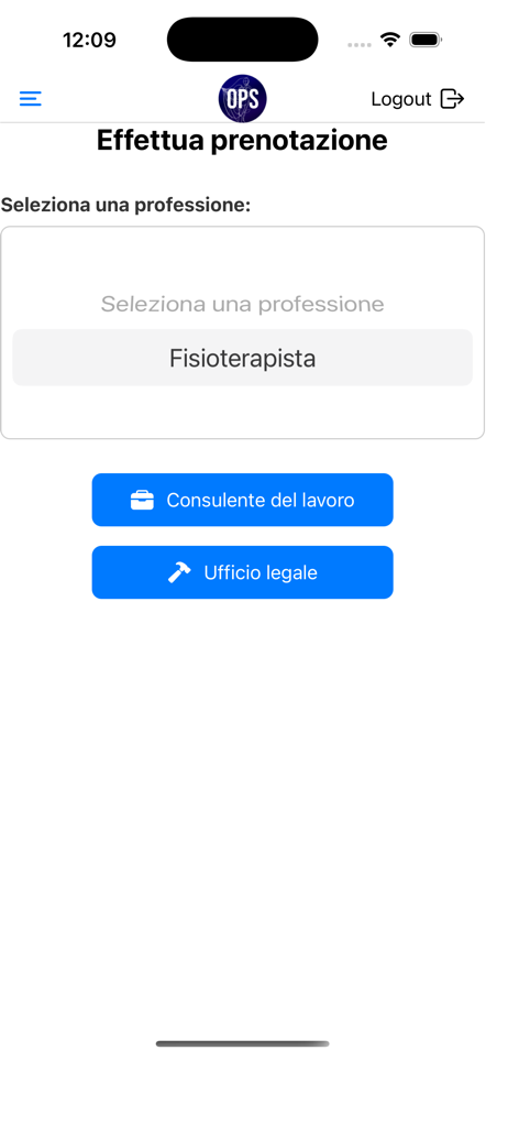 OPS Ordine TSRM PSTRP NAAVBNCE - 専門職を選択して予約を予約するための医療専門家向けモバイルアプリインターフェイス。