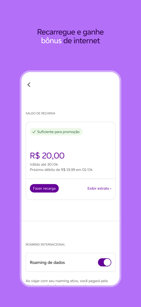 Schermata dell'app Vivo che mostra il saldo dell'account per la ricarica e l'interruttore dati per il roaming internazionale.