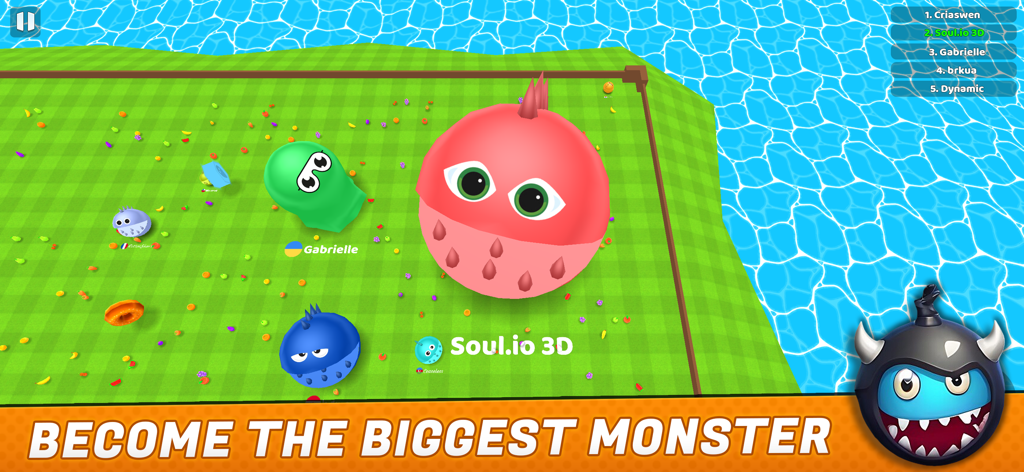 Soul.io 3D - .io Games For Fun - Monstruos redondos de colores compitiendo en una arena verde en la jugabilidad de Soul.io 3D