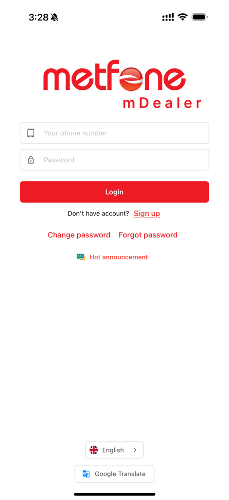 Metfone mDealer login page featuring fields for phone number and password with a red login button.