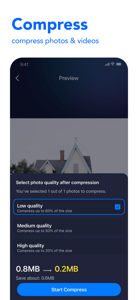 AI Cleanup Storage - iCleaner - Smartphone screen showing the photo and video compression tool in the iCleaner app