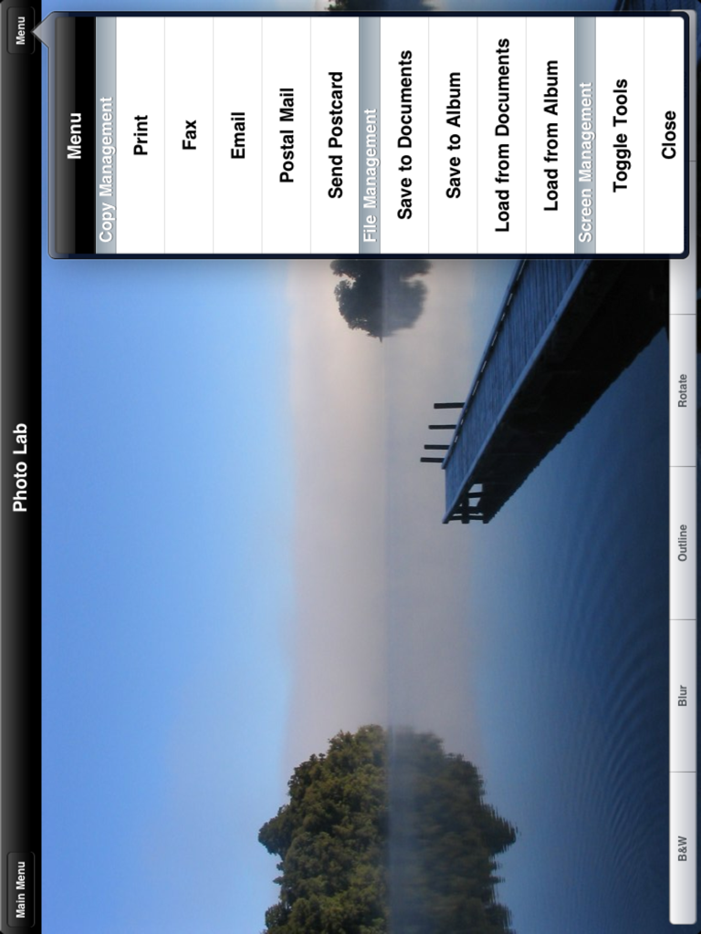 Faxing for iPad - The Photo Lab interface in the Faxing for iPad app showing a menu with options for printing, faxing, and file management.