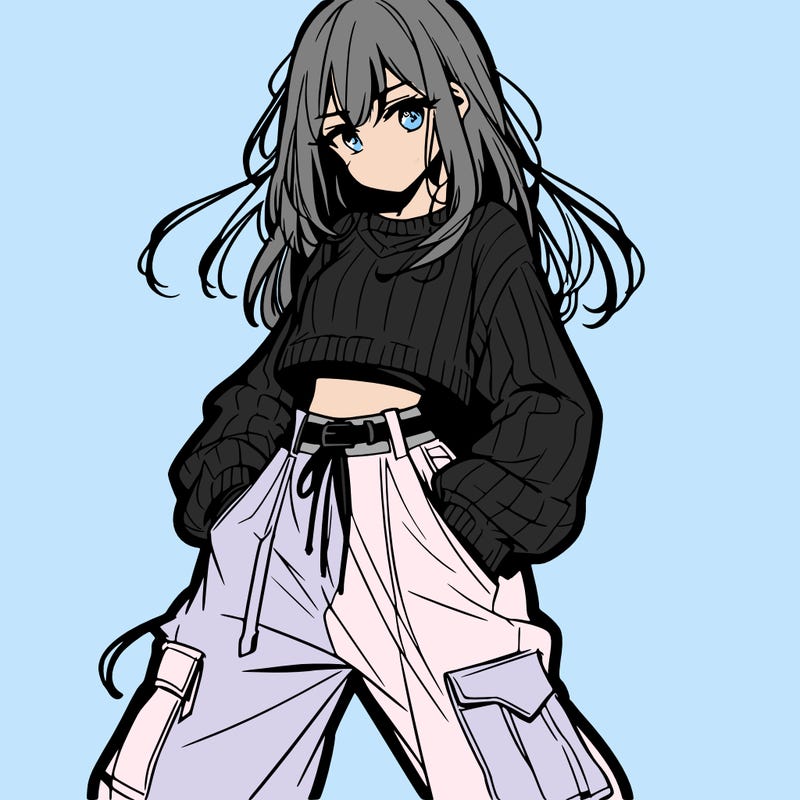 anime teen girl with baggy pants and crop top with sweater