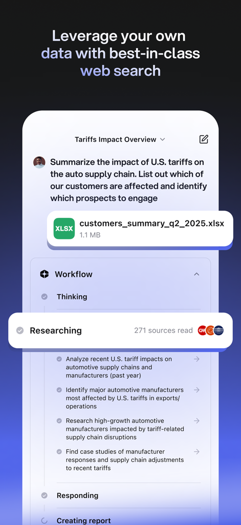 You.com interface showing AI deep research combining an uploaded spreadsheet with comprehensive web search sources.