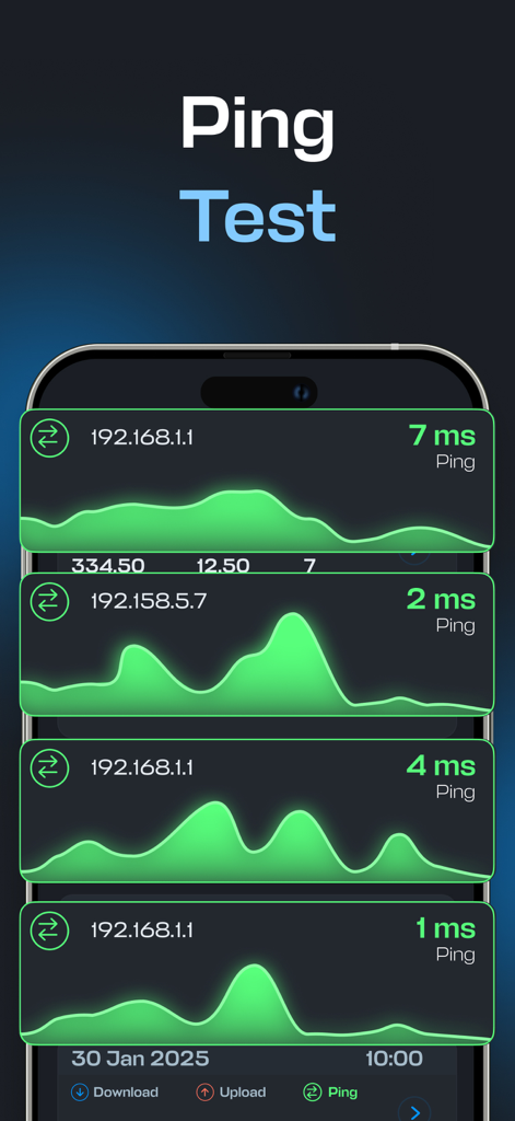 Ping test results display showing millisecond latency and network stability graphs