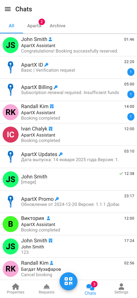 ApartX - ApartX-App-Chat-Dashboard mit automatisierten Buchungsstatusaktualisierungen und Gästinteraktionen.