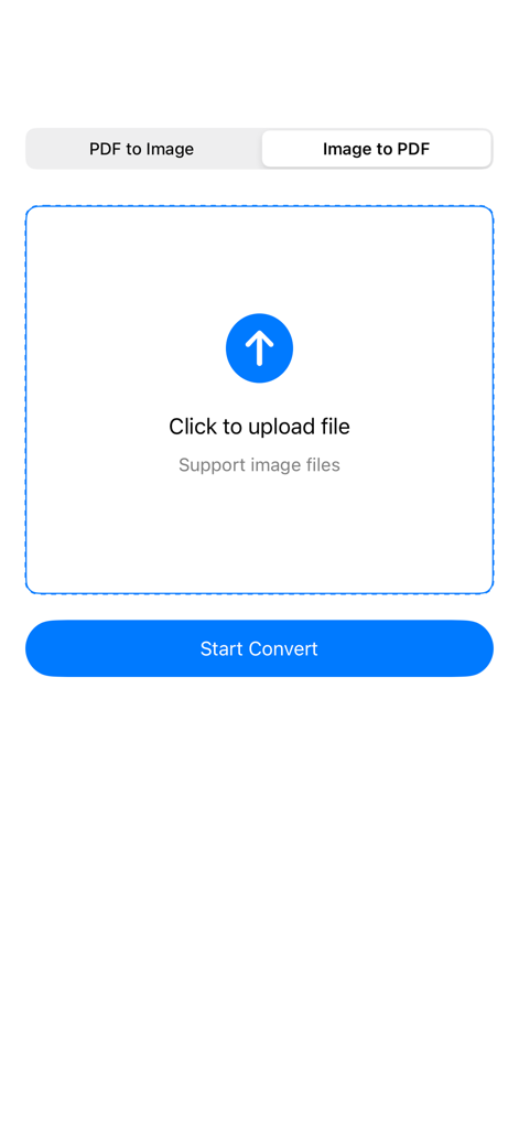 PDF and Image Converterアプリのユーザーインターフェースで、画像からPDFへのアップロード画面が表示されています。