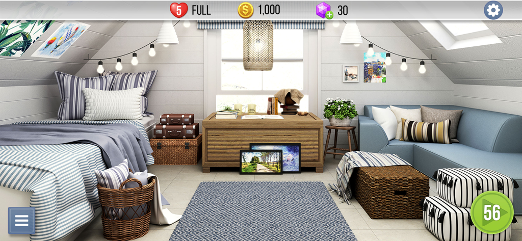 Home Design : Stay Here - Acogedor dormitorio abuhardillado con decoración náutica azul y blanca y muebles de mimbre en un juego de diseño de interiores 3D.