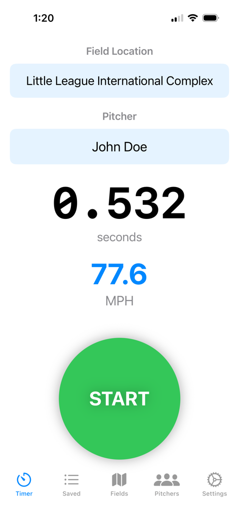 Aplicación Baseball Speed mostrando una velocidad de lanzamiento de 77.6 MPH con el botón de inicio del temporizador