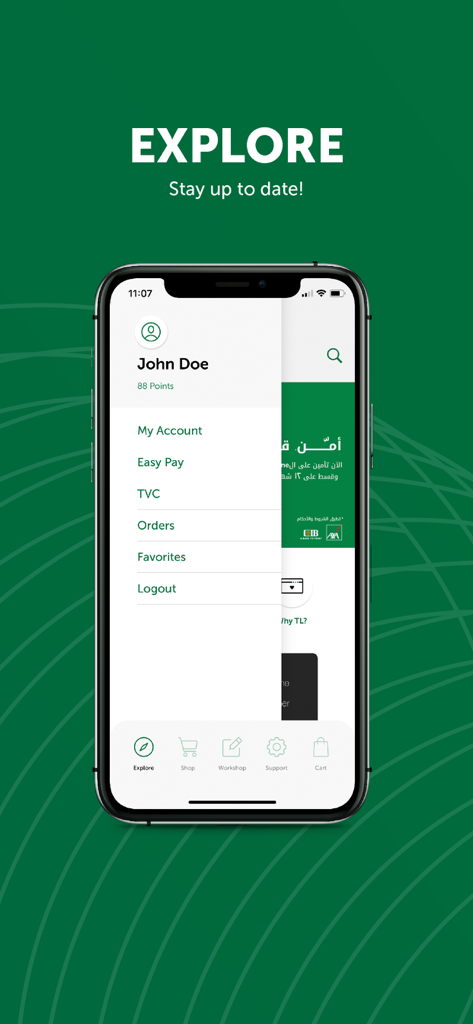 Tradeline Stores - Aplicación móvil Tradeline Stores mostrando el menú lateral de la cuenta con opciones como Pago Fácil y Mi Cuenta