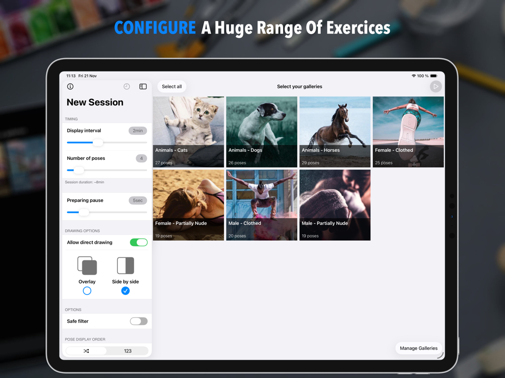 Pantalla del iPad mostrando la configuración de una nueva sesión de dibujo gestual en la aplicación Quick Poses con ajustes de tiempo y selección de galería de imágenes