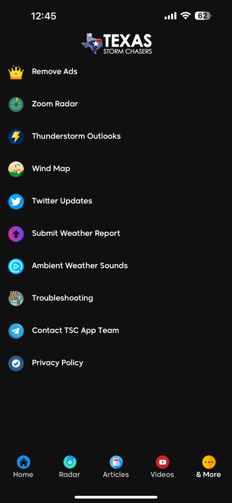 Navigation menu for the Texas Storm Chasers app displaying weather tools and community features.