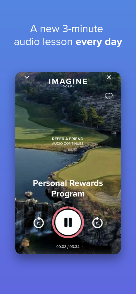 A smartphone screen displaying a three minute daily golf mental game audio lesson on a scenic background