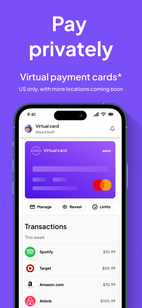 MySudo - Protect Your Identity - MySudo app interface showing a virtual debit card and recent transaction history for private payments.