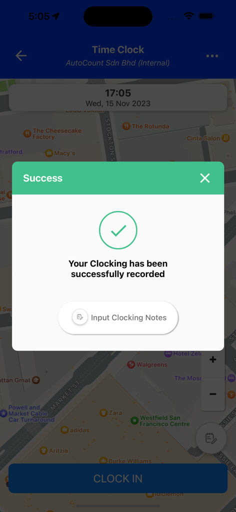 AC Payroll - AC Payroll app time clock success message showing successfully recorded clocking on a map interface