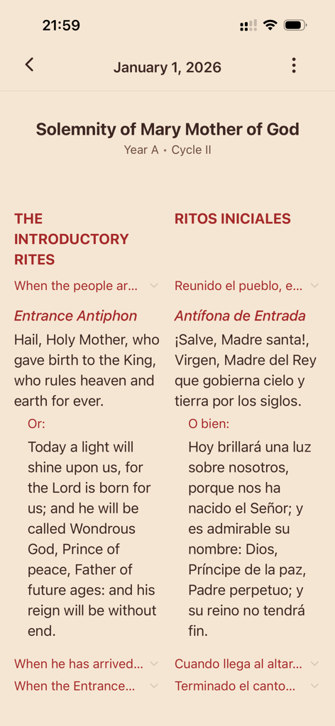 Bilingual screen showing Catholic Mass prayers in English and Spanish side by side for the Solemnity of Mary Mother of God