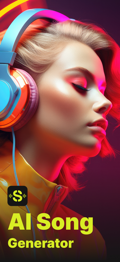 AI Song Generator & Music App - Una mujer joven con los ojos cerrados, usando auriculares azules y naranjas, escuchando una canción generada por IA