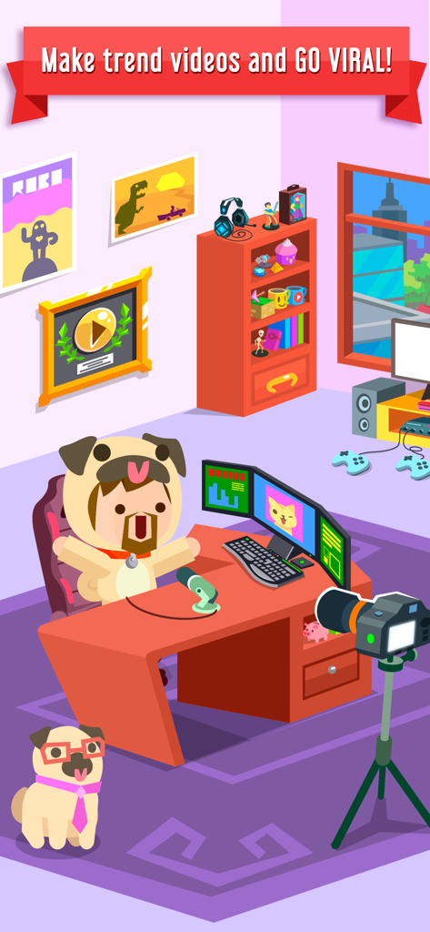 Personaggio in un costume da carlino che registra un video in uno studio da vlogger