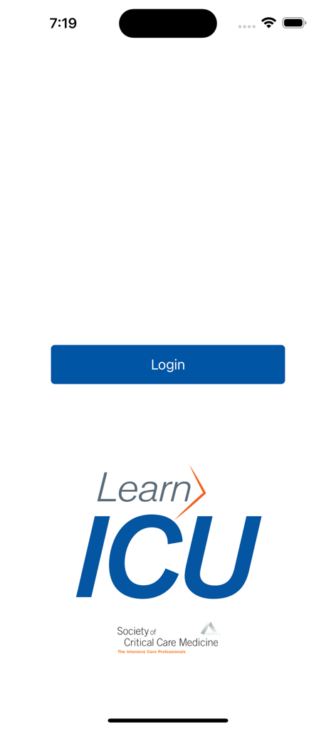 Learn ICU - Login screen for the Learn ICU mobile app from the Society of Critical Care Medicine