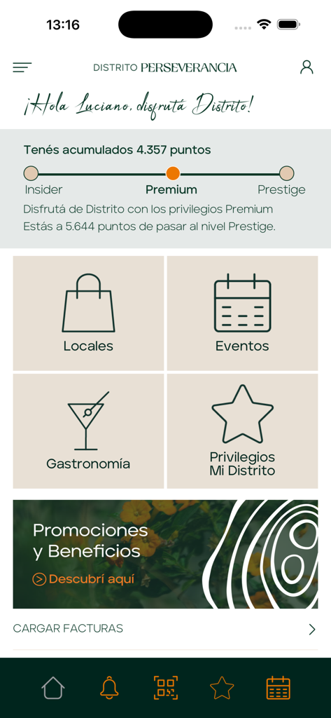 Distrito Perseverancia - ディストリト・ペルセベランシアアプリのホーム画面。ロイヤリティポイント、プレミアム会員ティア、ショップ、イベント、ダイニングへのナビゲーションボタンが表示されています。