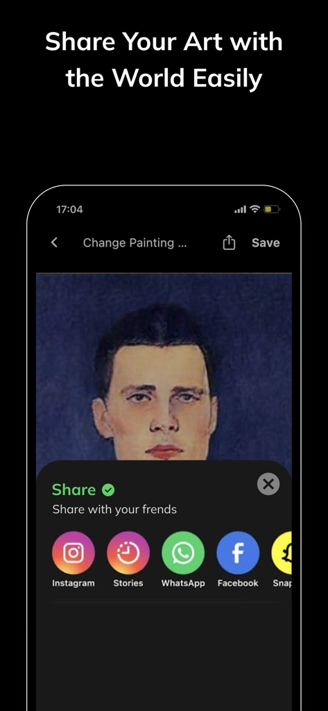 An AI generated portrait with options to share on social media platforms like Instagram and Facebook
