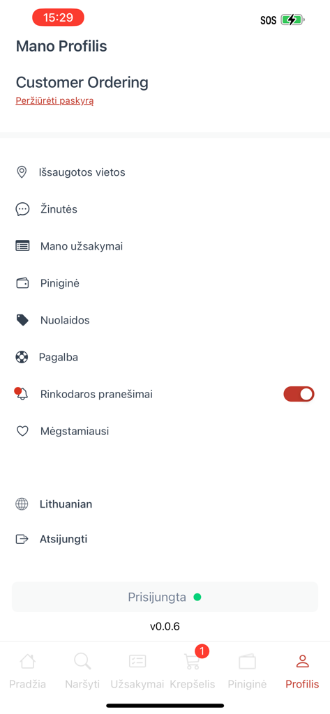 Pantalla del perfil de usuario de la aplicación NORI Delivery que muestra la configuración de la cuenta y el menú de navegación.