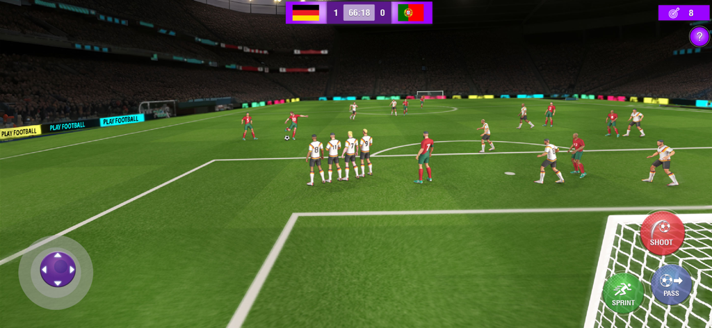 Jugabilidad de un tiro libre entre Alemania y Portugal en Play Football League 2026.