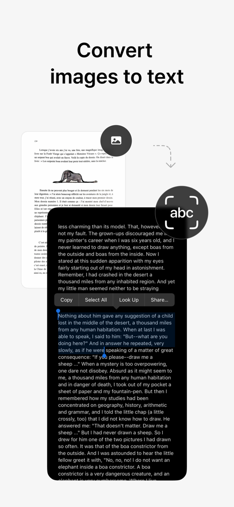 書籍のページを編集可能なデジタルテキストに変換する光学文字認識を実演するvFlatスキャンアプリのインターフェース