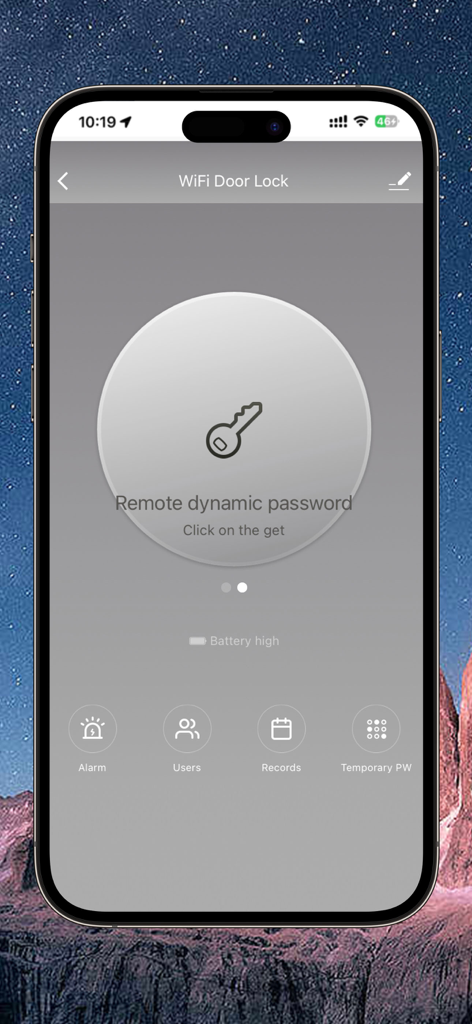 Hugolog Connect App-Oberfläche für ein WLAN-Türschloss, das ein dynamisches Fernpasswort und Zugriffskontrollen anzeigt.