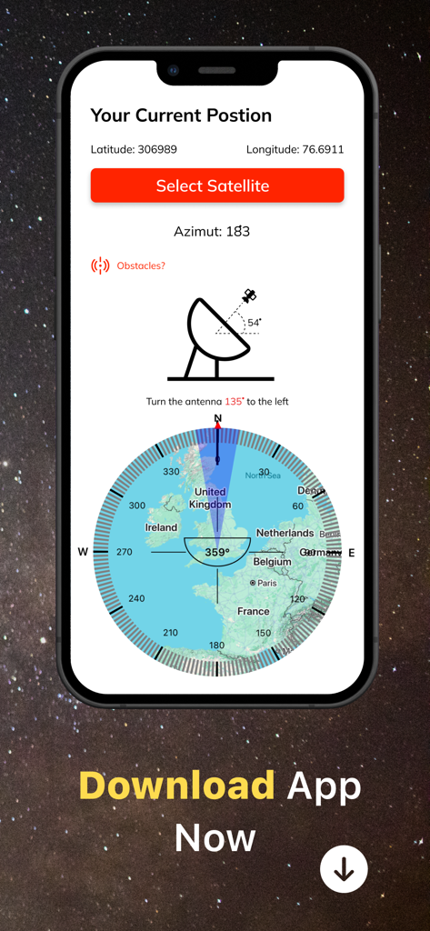 Pantalla de la aplicación Buscador de Satélites que muestra coordenadas GPS e instrucciones de alineación de la antena sobre un mapa.