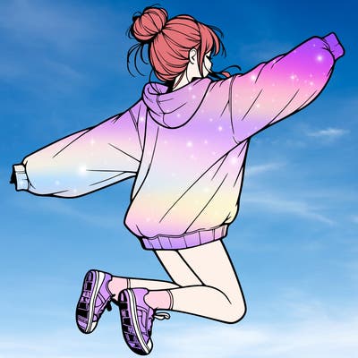 realistic girl jumping with a bun and oversized sweatshirt