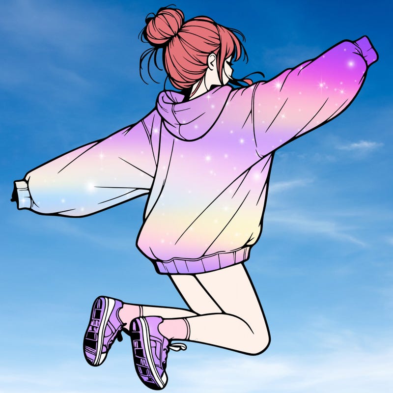 realistic girl jumping with a bun and oversized sweatshirt