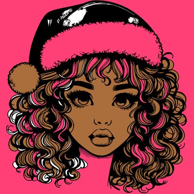 realistic girl with a santa hat curly hair and lips